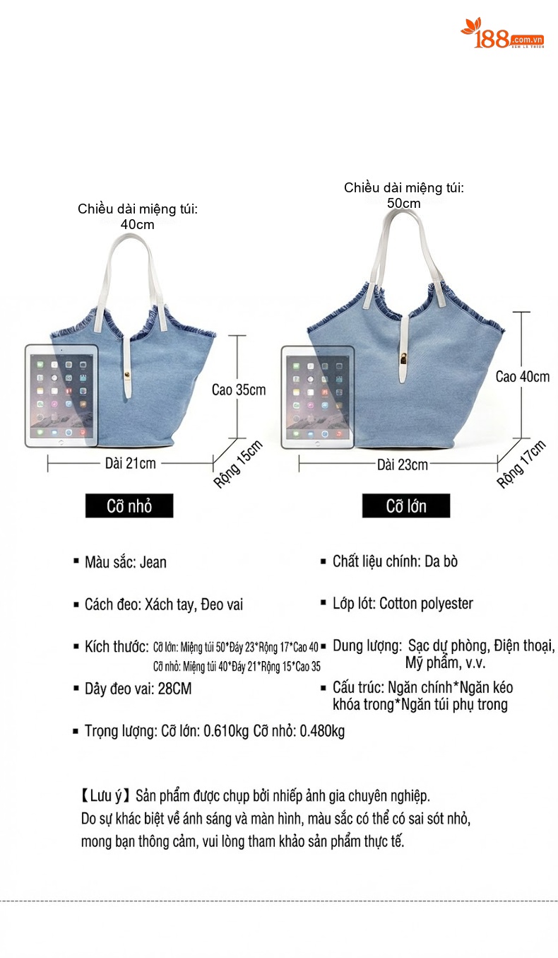 Túi Tote Nữ Vải Jean Đeo Vai Đựng Đồ Lớn Thiết Kế Tua Rua chi tiết 5
