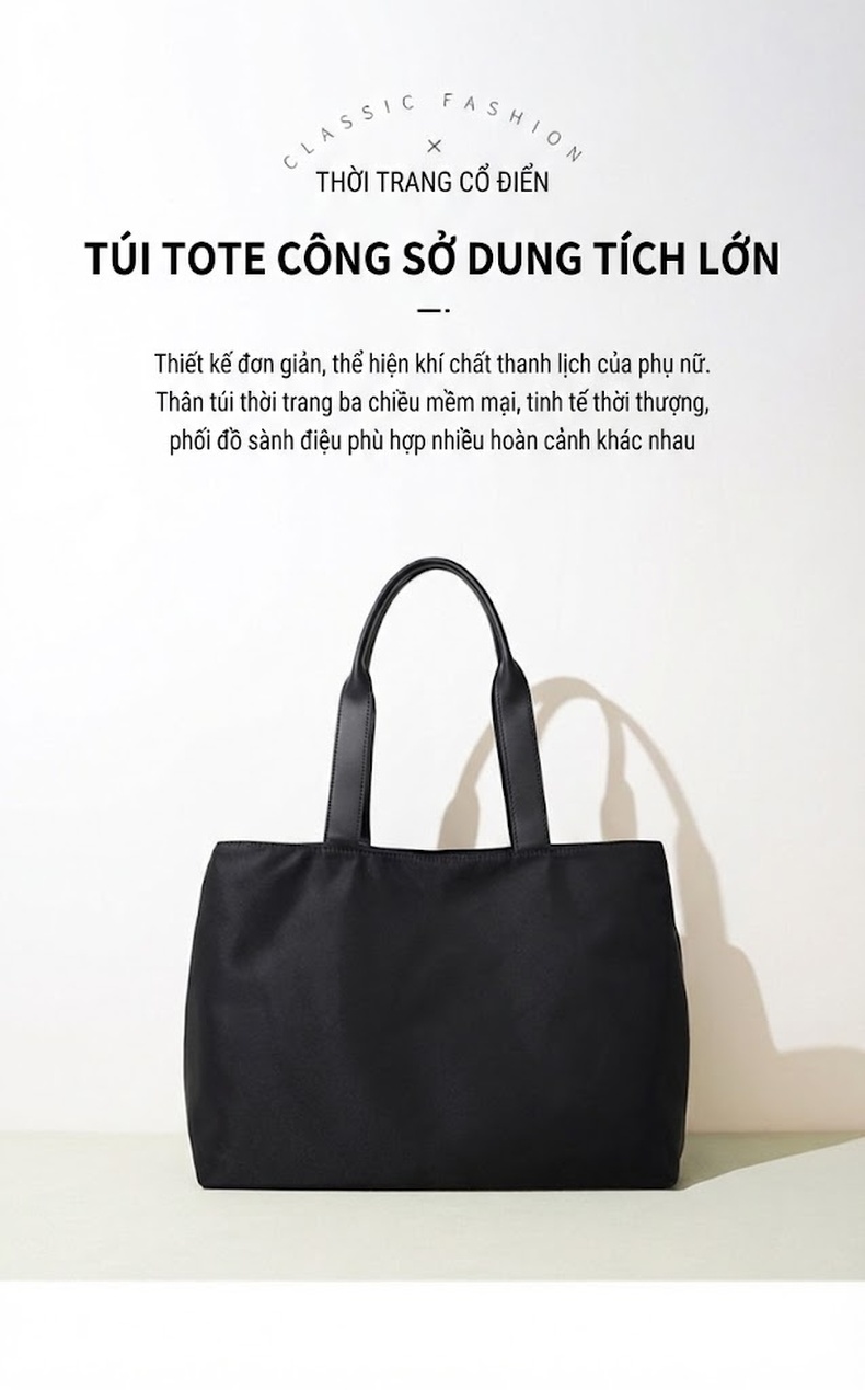 Túi Tote Nữ Vải Oxford Đeo Vai Đựng Đồ Dung Tích Lớn Màu Đen chi tiết 1