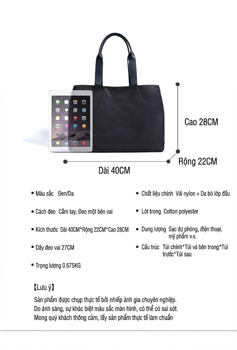Túi Tote Nữ Vải Oxford Đeo Vai Đựng Đồ Dung Tích Lớn Màu Đen chi tiết 5