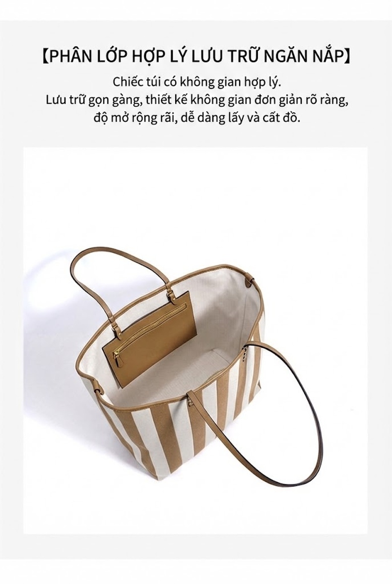 Túi Tote Sọc Kẻ Đeo Vai Vải Canvas Lớn Thời Trang Du Lịch chi tiết 9