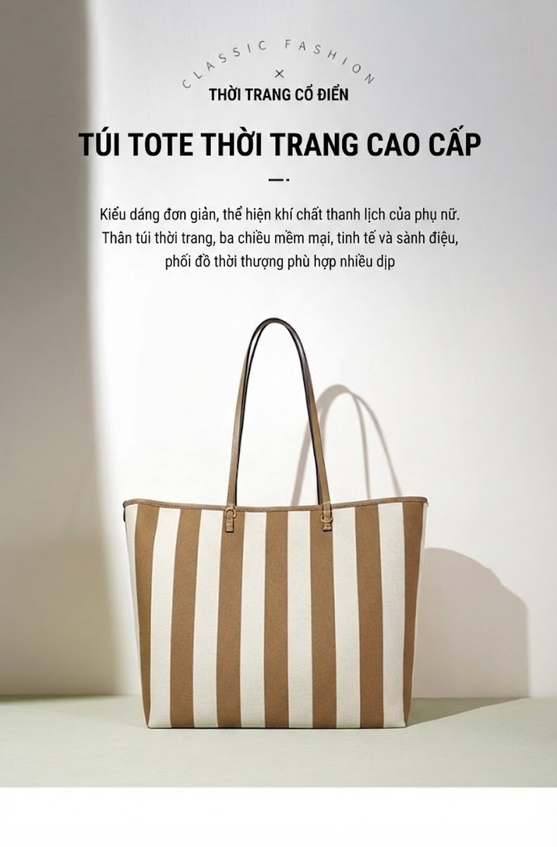 Túi Tote Sọc Kẻ Đeo Vai Vải Canvas Lớn Thời Trang Du Lịch chi tiết 2