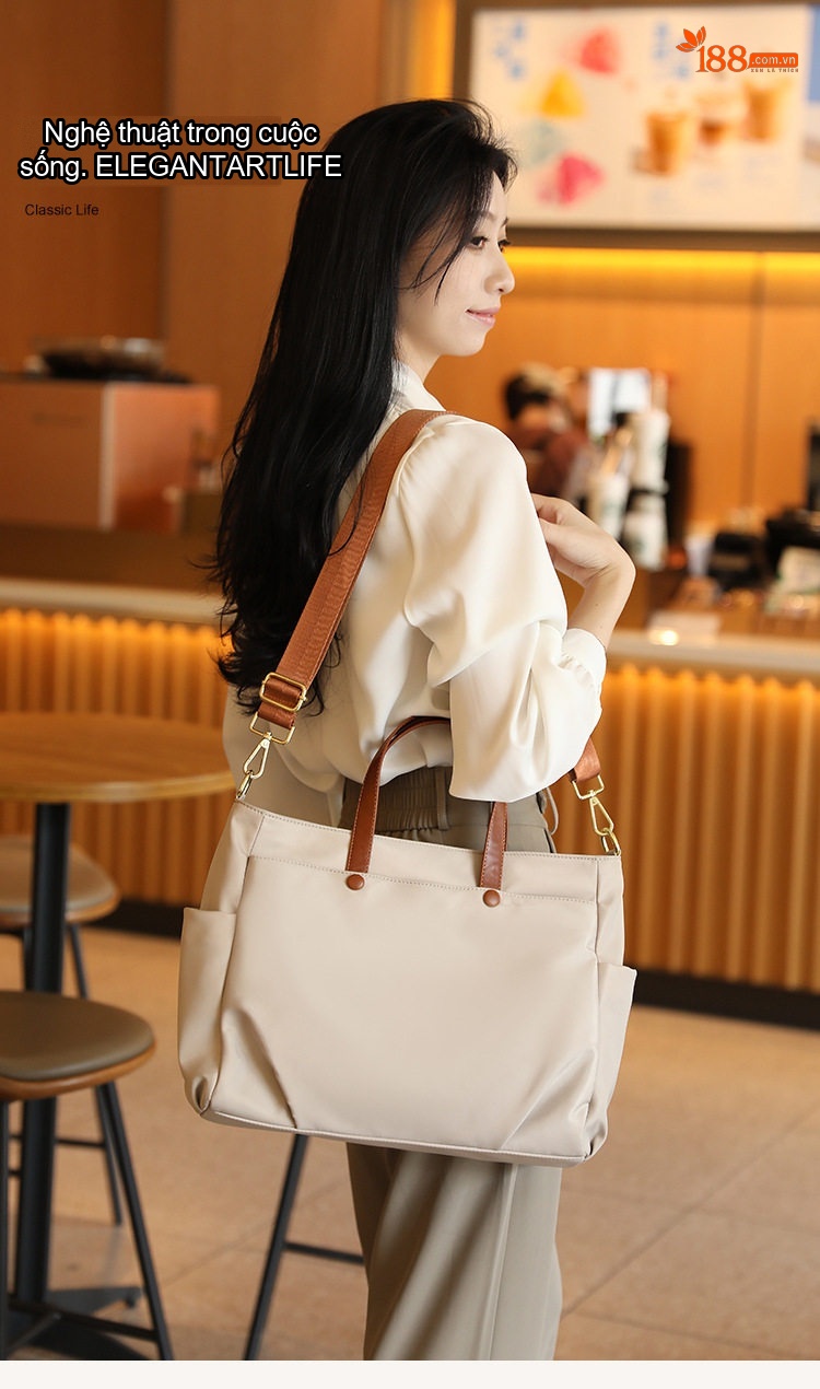 Túi Tote Vải Canvas Đeo Vai/Xách Tay/Đeo Chéo Công Sở, Đi Làm, Du Lịch Sức Chứa Lớn Màu Be chi tiết 1