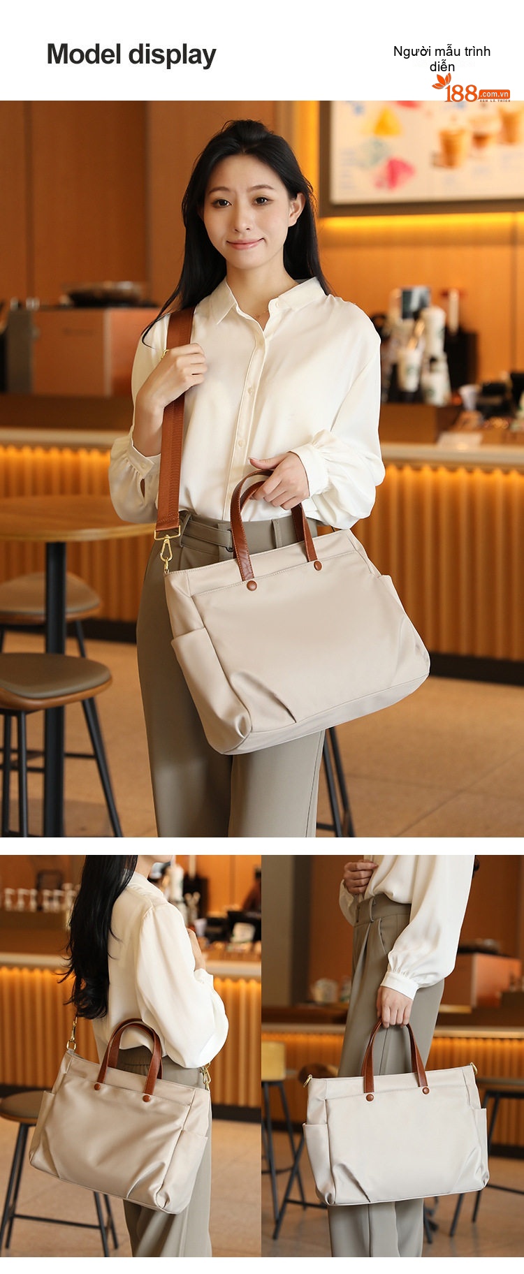 Túi Tote Vải Canvas Đeo Vai/Xách Tay/Đeo Chéo Công Sở, Đi Làm, Du Lịch Sức Chứa Lớn Màu Be chi tiết 8
