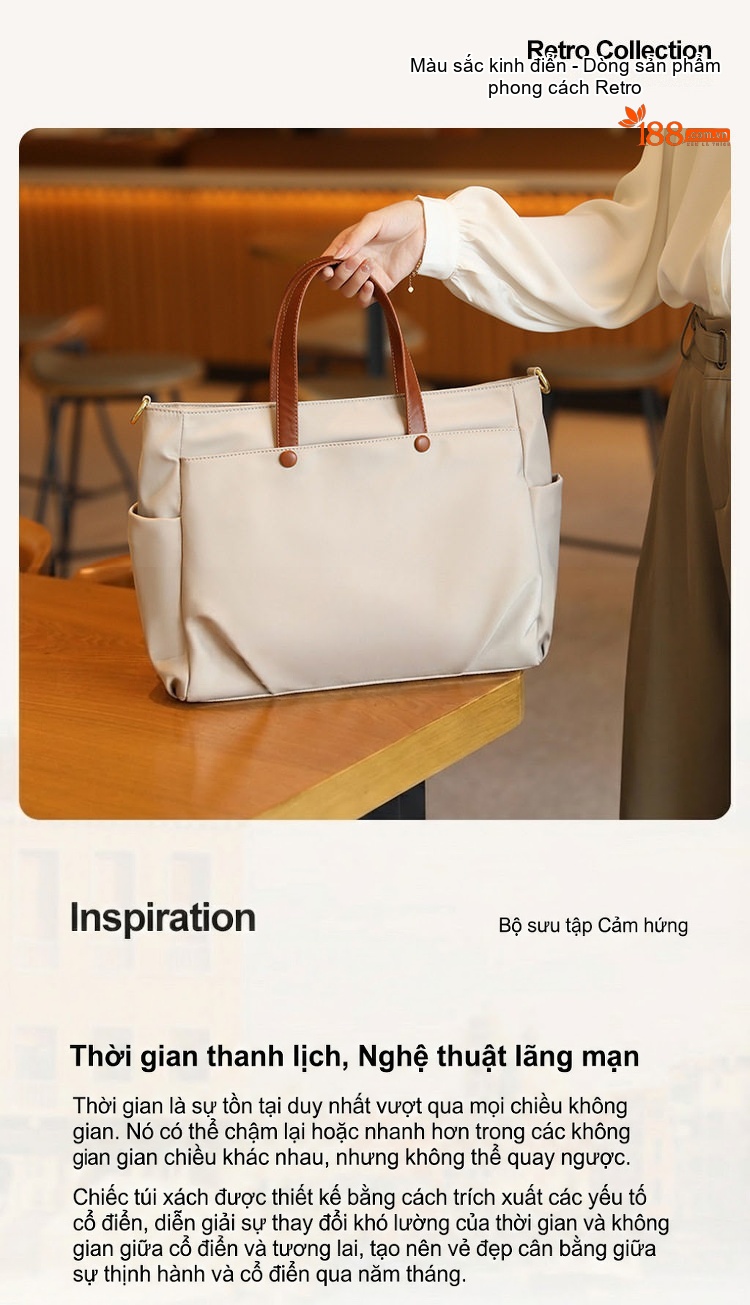 Túi Tote Vải Canvas Đeo Vai/Xách Tay/Đeo Chéo Công Sở, Đi Làm, Du Lịch Sức Chứa Lớn Màu Be chi tiết 2