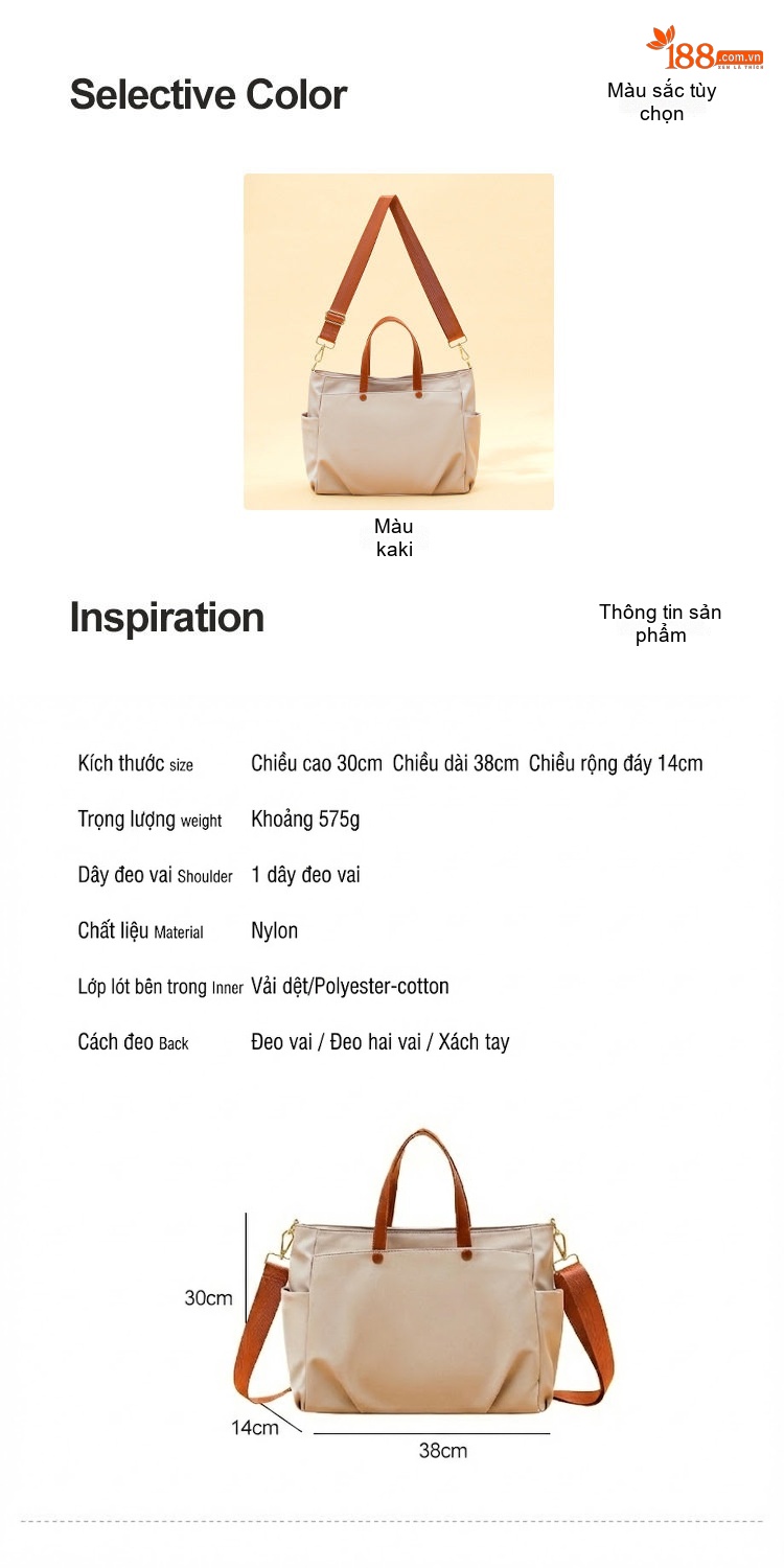 Túi Tote Vải Canvas Đeo Vai/Xách Tay/Đeo Chéo Công Sở, Đi Làm, Du Lịch Sức Chứa Lớn Màu Be chi tiết 5