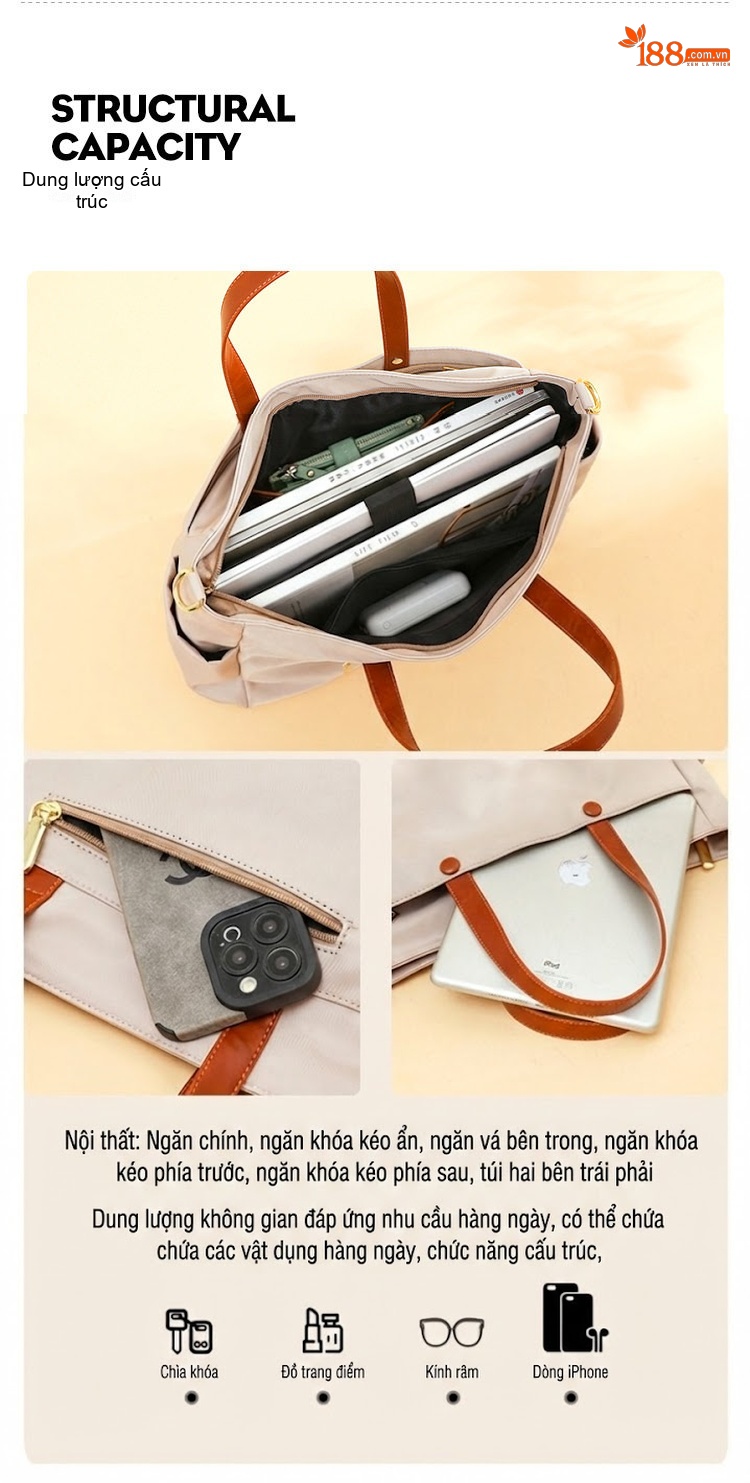Túi Tote Vải Canvas Đeo Vai/Xách Tay/Đeo Chéo Công Sở, Đi Làm, Du Lịch Sức Chứa Lớn Màu Be chi tiết 7