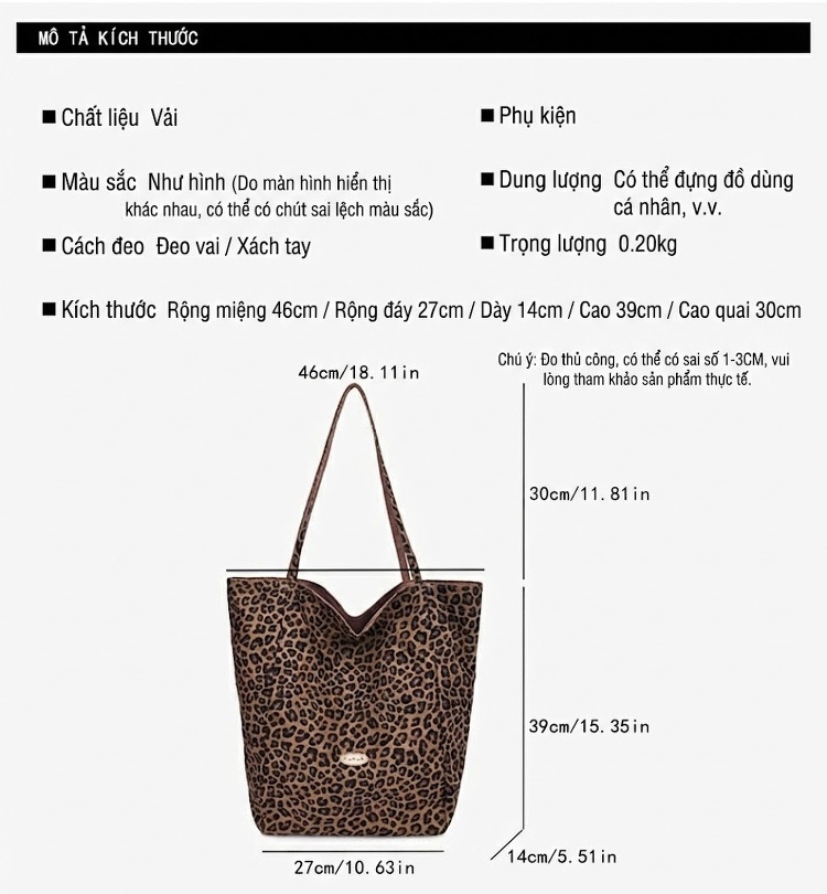 Túi Tote Vải Canvas Họa Tiết Da Báo Thời Trang Công Sở Dung Tích Lớn Màu Nâu Đen chi tiết 1