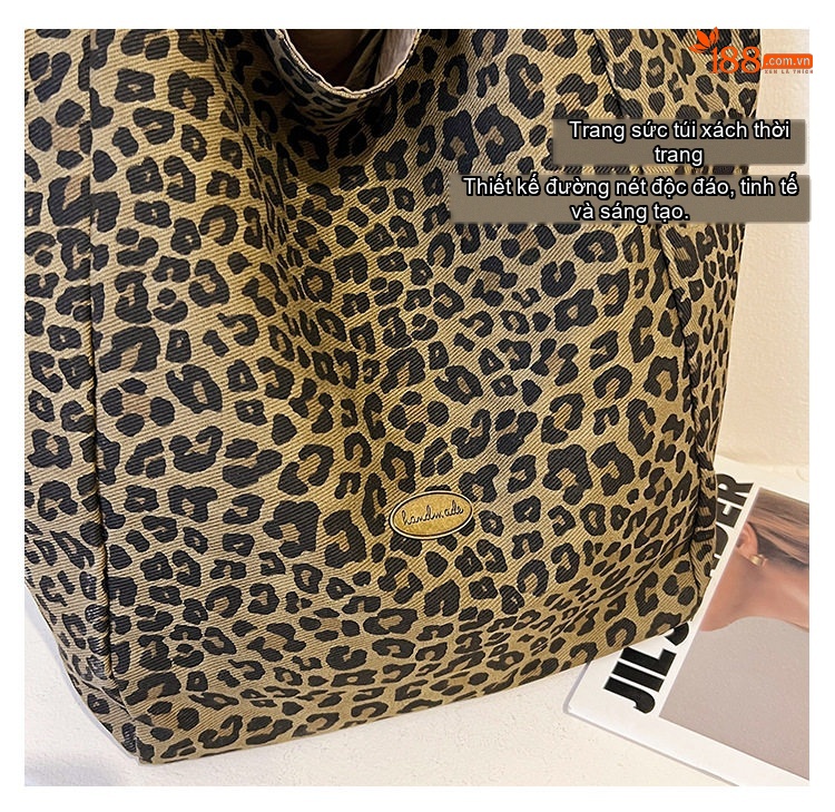 Túi Tote Vải Canvas Họa Tiết Da Báo Thời Trang Công Sở Dung Tích Lớn Màu Nâu Đen chi tiết 4