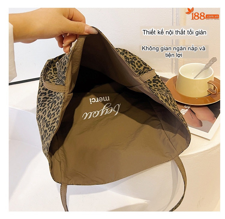 Túi Tote Vải Canvas Họa Tiết Da Báo Thời Trang Công Sở Dung Tích Lớn Màu Nâu Đen chi tiết 5