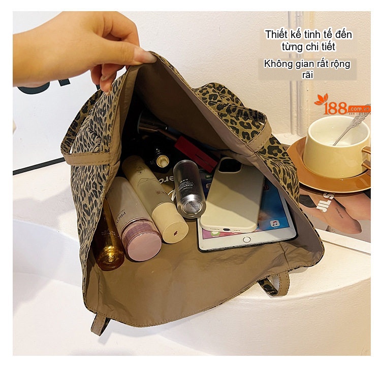 Túi Tote Vải Canvas Họa Tiết Da Báo Thời Trang Công Sở Dung Tích Lớn Màu Nâu Đen chi tiết 6