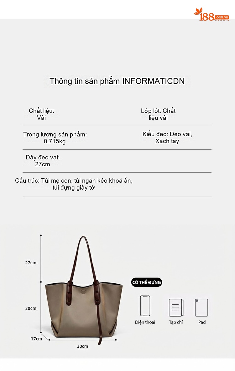Túi Tote Vải Canvas Nữ Quai Xách Tay Sức Chứa Lớn Màu Be, Nâu chi tiết 4