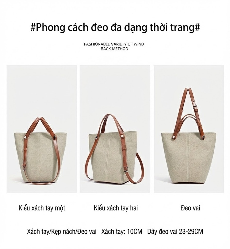 Túi Tote Vải Canvas Thiết Kế Đơn Giản Đeo Vai/Xách Tay Sức Chứa Lớn Màu Be, Nâu, Đen chi tiết 17