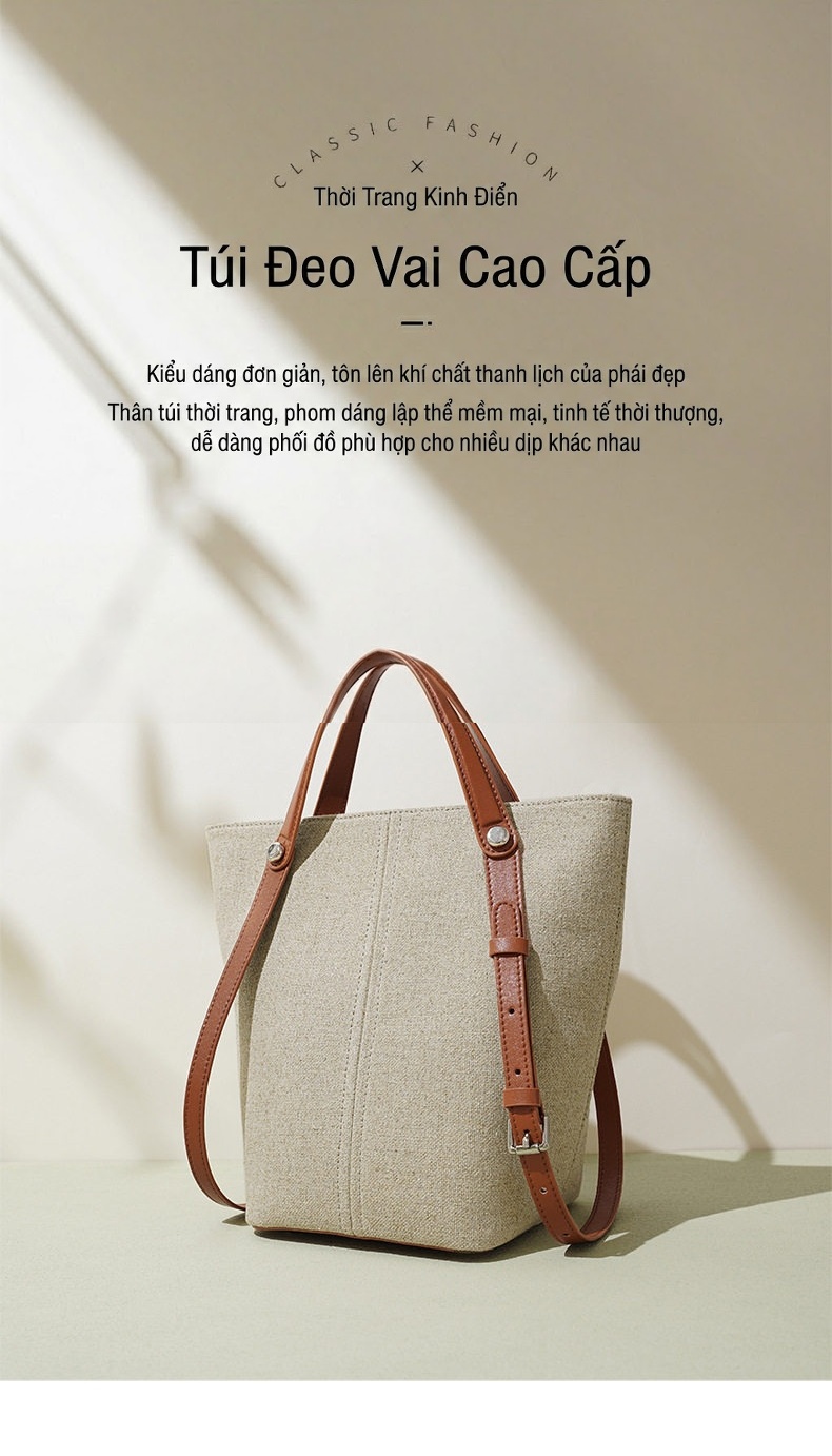 Túi Tote Vải Canvas Thiết Kế Đơn Giản Đeo Vai/Xách Tay Sức Chứa Lớn Màu Be, Nâu, Đen chi tiết 1