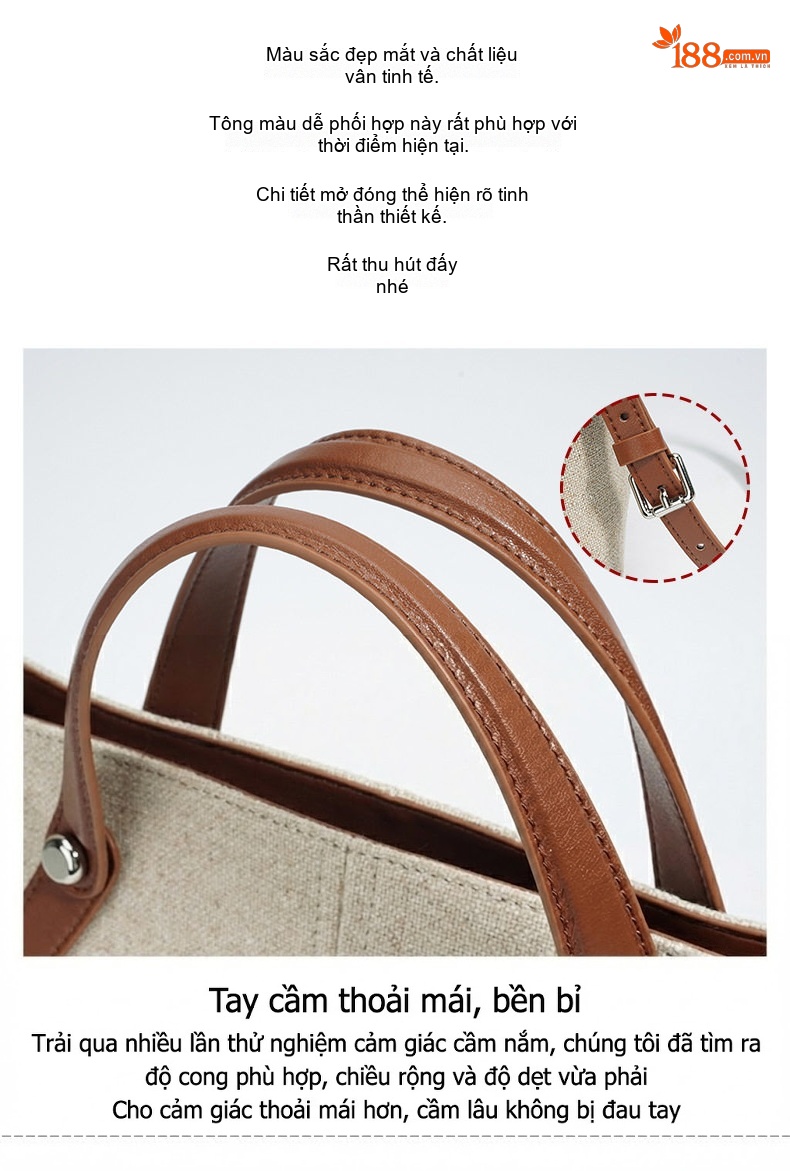 Túi Tote Vải Canvas Thiết Kế Đơn Giản Đeo Vai/Xách Tay Sức Chứa Lớn Màu Be, Nâu, Đen chi tiết 10