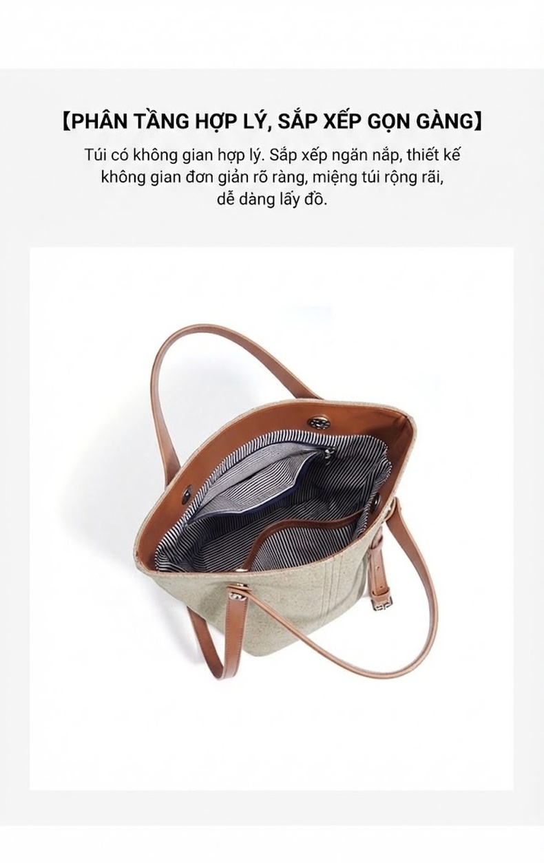 Túi Tote Vải Canvas Thiết Kế Đơn Giản Đeo Vai/Xách Tay Sức Chứa Lớn Màu Be, Nâu, Đen chi tiết 8