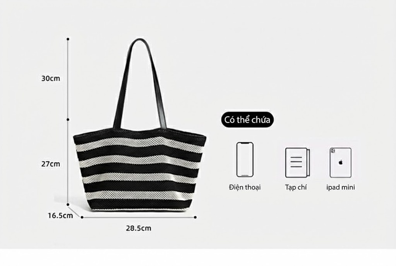 Túi Tote Vải Sọc Lớn Đựng Vừa A4, Túi Đeo Vai, Túi Xách Tay Công Sở Màu Đen, Trắng chi tiết 15