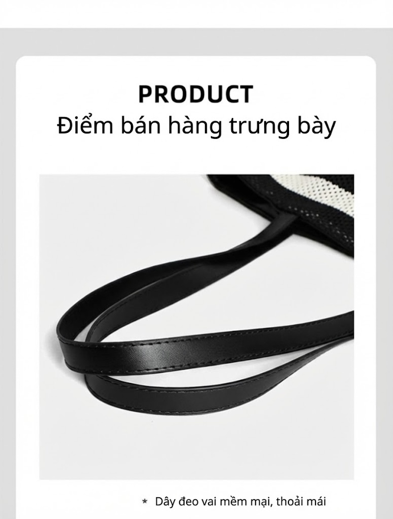 Túi Tote Vải Sọc Lớn Đựng Vừa A4, Túi Đeo Vai, Túi Xách Tay Công Sở Màu Đen, Trắng chi tiết 17