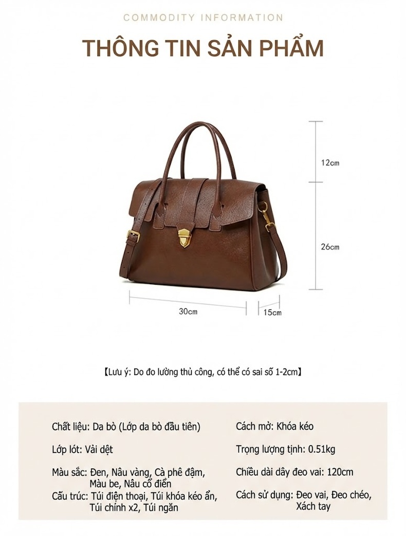 Túi Tote Xách Tay Nữ Da Thật Plant-Tanned (植鞣牛皮) Công Sở Đựng Tài Liệu Khổ Lớn Màu Nâu, Be chi tiết 7
