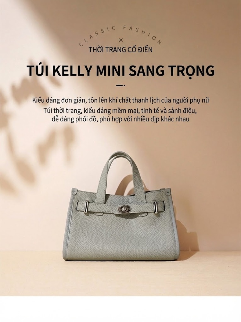 Túi Tote Xách Tay Thiết Kế Độc Đáo Phong Cách Kelly Đeo Vai Chéo Bề Mặt Da Màu Xám, Nâu, Kem chi tiết 2