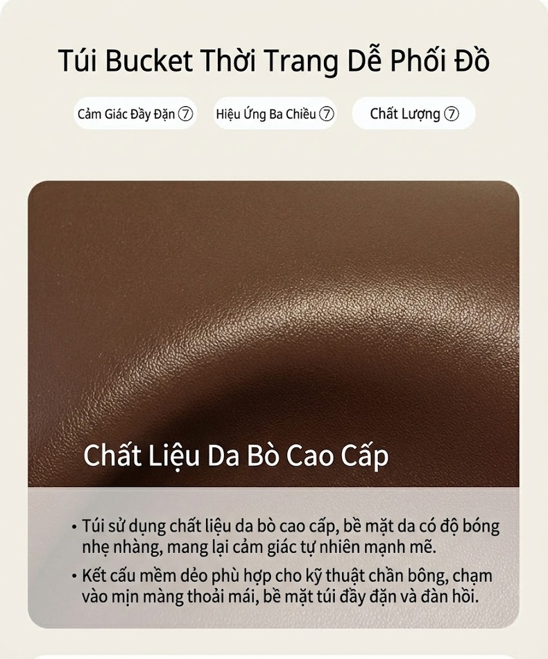 Túi Xách Bucket Nữ Da Thật Đeo Vai, Xách Tay, Đeo Chéo Dung Tích Lớn Màu Nâu chi tiết 2