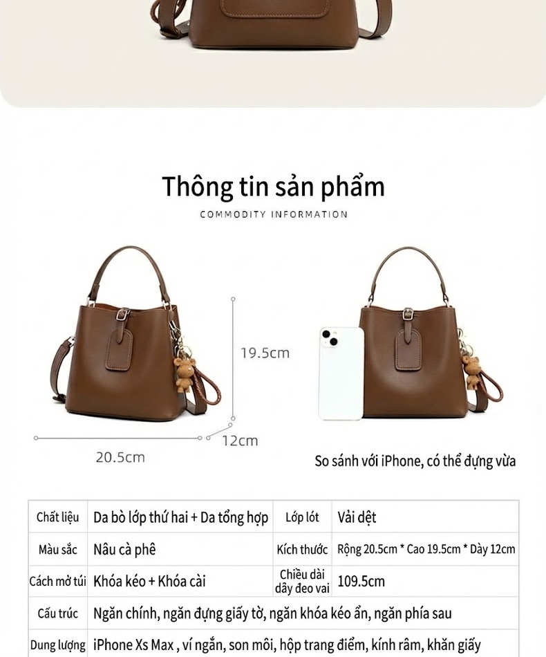Túi Xách Bucket Nữ Da Thật Đeo Vai, Xách Tay, Đeo Chéo Dung Tích Lớn Màu Nâu chi tiết 3