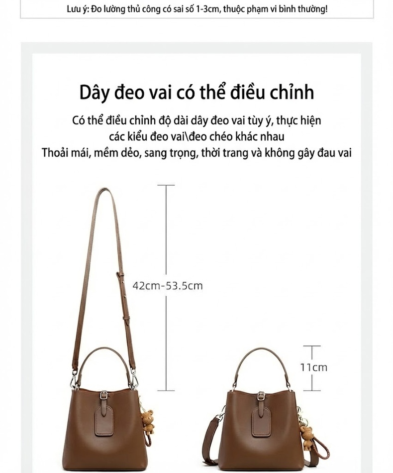 Túi Xách Bucket Nữ Da Thật Đeo Vai, Xách Tay, Đeo Chéo Dung Tích Lớn Màu Nâu chi tiết 4