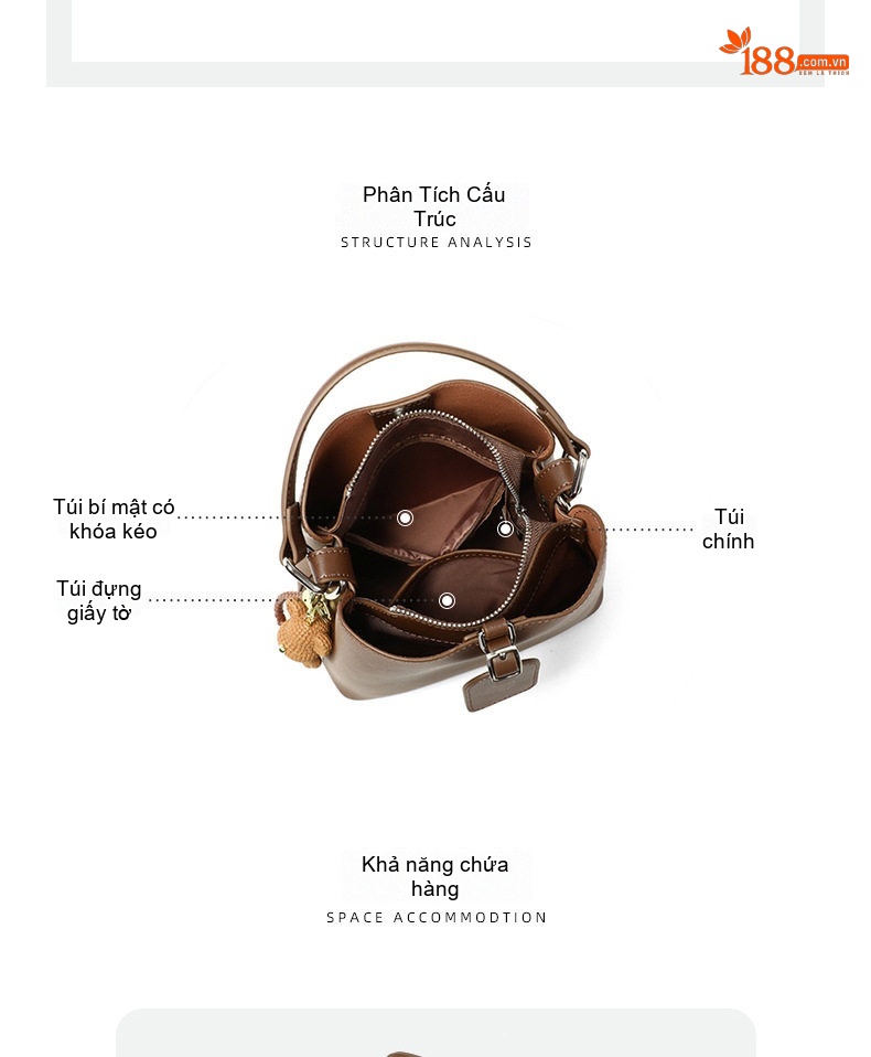 Túi Xách Bucket Nữ Da Thật Đeo Vai, Xách Tay, Đeo Chéo Dung Tích Lớn Màu Nâu chi tiết 5