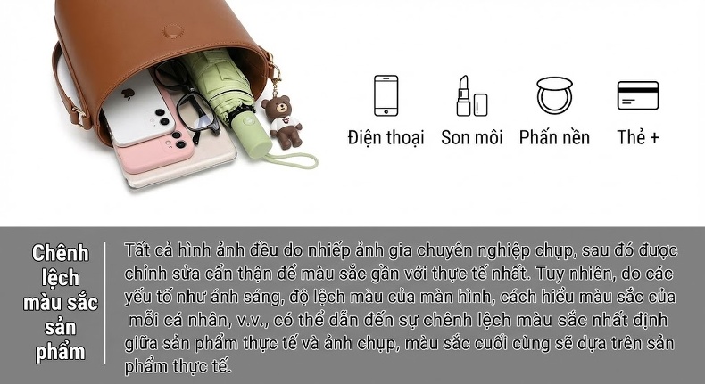 Túi Xách Bucket Nữ Da Thật Đeo Vai, Xách Tay, Đeo Chéo Dung Tích Lớn Màu Nâu chi tiết 6