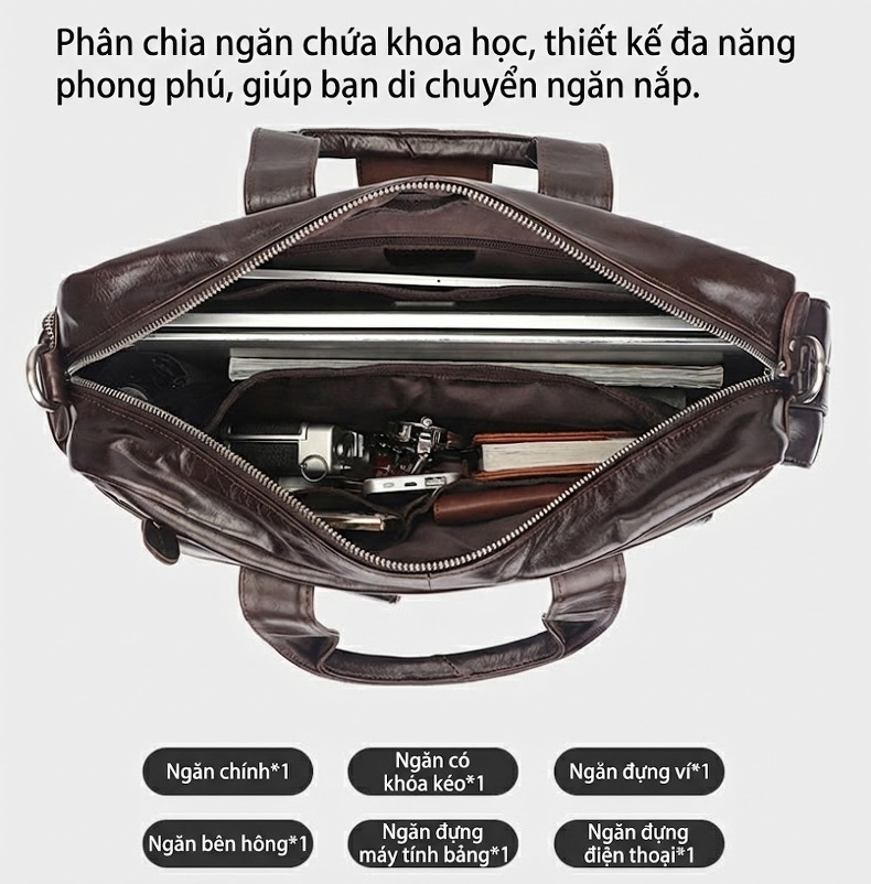 Túi Xách Công Sở Nam Da Bò Đa Năng Có Ngăn Laptop 15.6 inch Màu Đen chi tiết 6