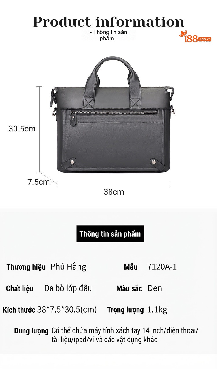 Túi Xách Công Sở Nam Da Bò Đựng Laptop 14 Inch Có Quai Đeo Chéo Màu Đen chi tiết 7