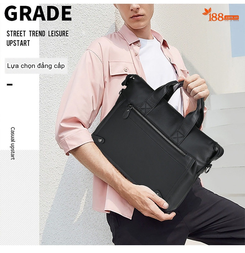 Túi Xách Công Sở Nam Da Bò Đựng Laptop Có Dây Đeo Chéo Màu Đen chi tiết 2