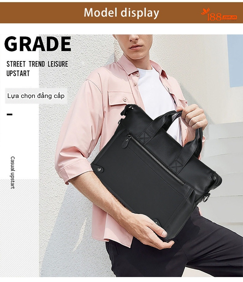 Túi Xách Công Sở Nam Da Bò Đựng Laptop Có Dây Đeo Chéo Màu Đen chi tiết 7