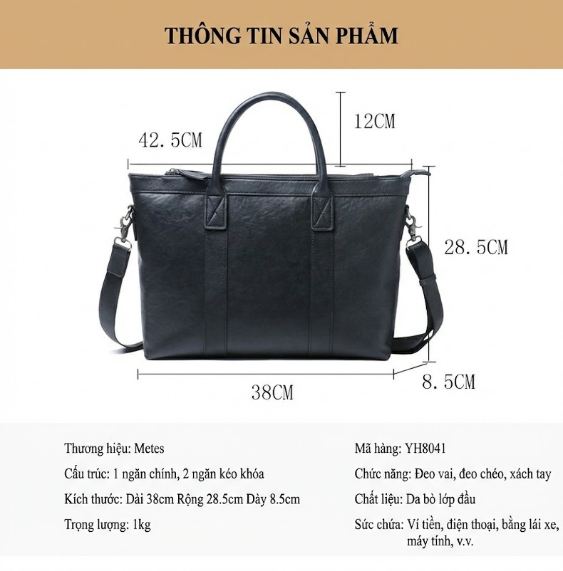 Túi Xách Công Sở Nam Da Bò Đựng Laptop Có Dây Đeo Chéo Màu Đen chi tiết 9
