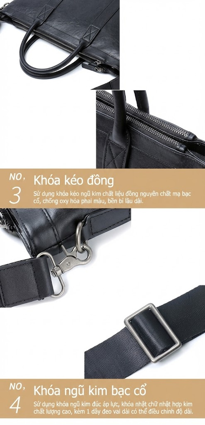 Túi Xách Công Sở Nam Da Bò Đựng Laptop Có Dây Đeo Chéo Màu Đen chi tiết 15