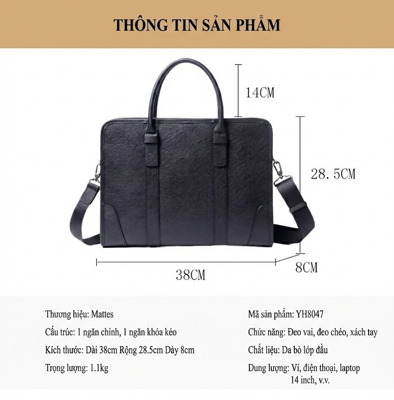 Túi Xách Công Sở Nam Da Bò Đựng Laptop Có Quai Đeo Màu Đen chi tiết 9