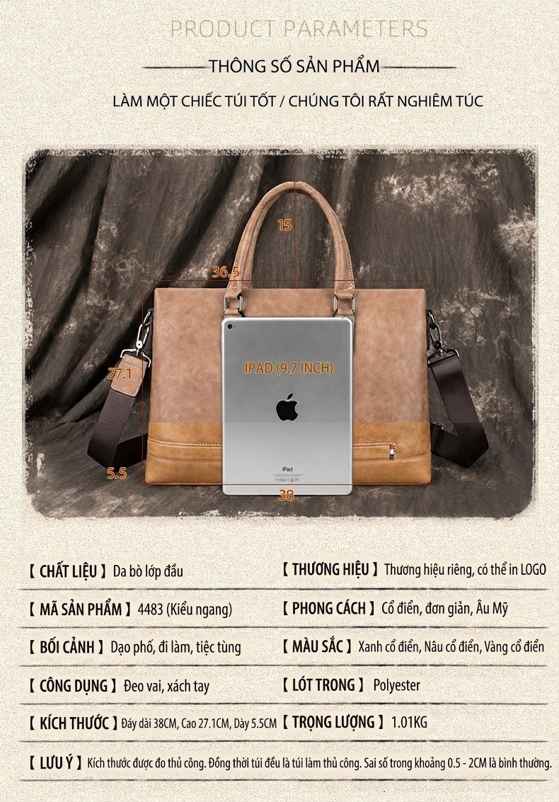 Túi Xách Công Sở Nam Da Mờ Đựng Tài Liệu, Laptop, Túi Đeo Chéo Nam Màu Nâu, Xám Xanh chi tiết 4