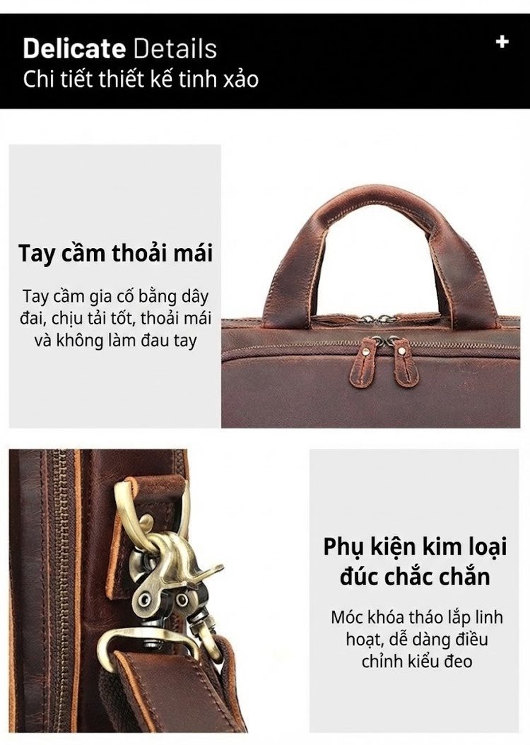 Túi Xách Công Sở Nam Da Thật Vintage Cỡ Lớn Chống Thấm Nước Màu Nâu chi tiết 18
