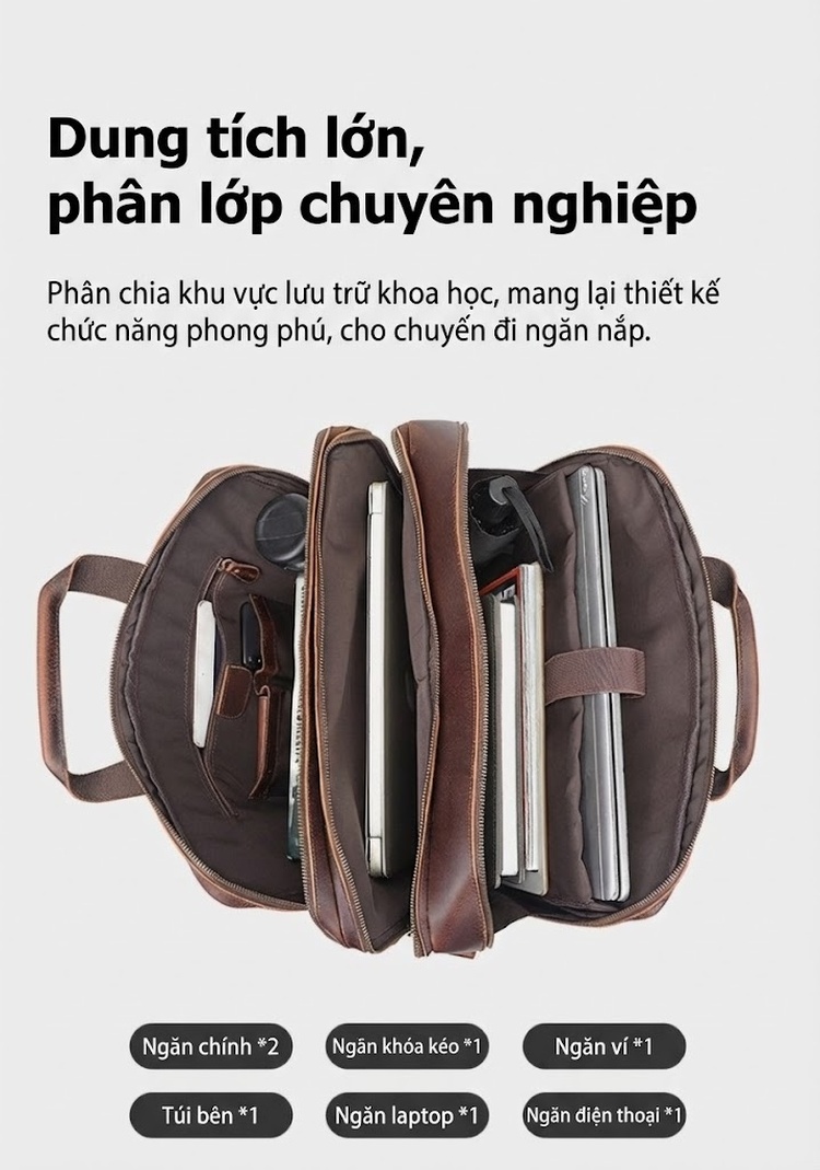 Túi Xách Công Sở Nam Da Thật Vintage Cỡ Lớn Chống Thấm Nước Màu Nâu chi tiết 22