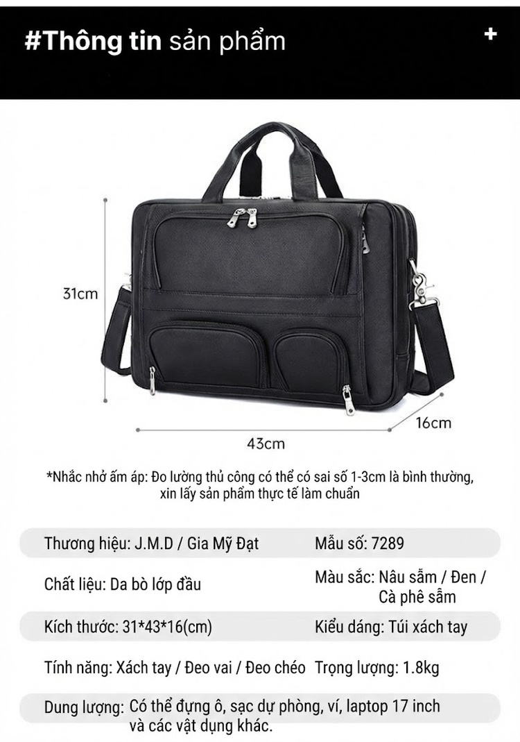 Túi Xách Công Sở Nam Da Thật Vintage Cỡ Lớn Chống Thấm Nước Màu Nâu chi tiết 15