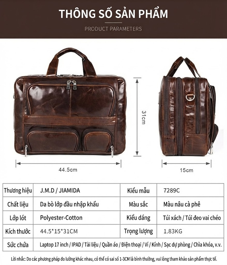 Túi Xách Công Sở Nam Da Thật Vintage Cỡ Lớn Chống Thấm Nước Màu Nâu chi tiết 1