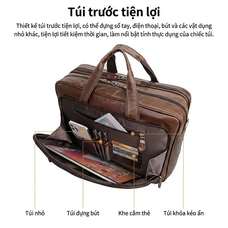 Túi Xách Công Sở Nam Da Thật Vintage Đựng Laptop 17 Inch Màu Nâu