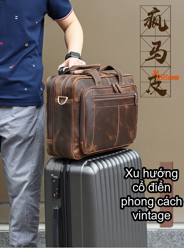 Túi Xách Công Sở Nam Da Thật Vintage Đựng Laptop 17 Inch Màu Nâu chi tiết 9