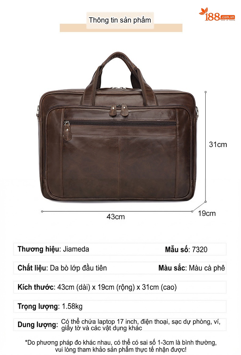Túi Xách Công Sở Nam Da Thật Vintage Đựng Laptop 17 Inch Màu Nâu chi tiết 1