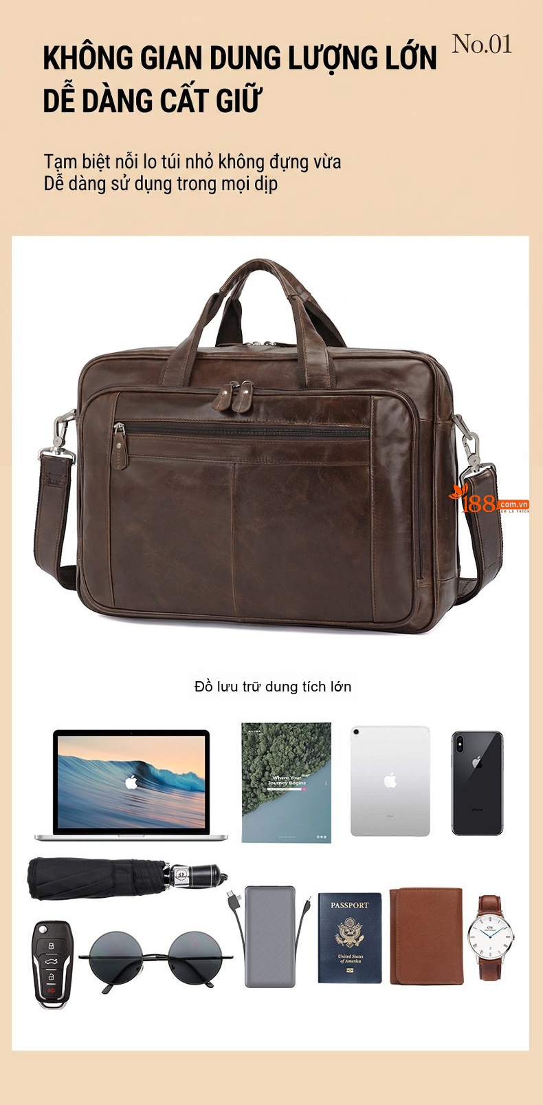 Túi Xách Công Sở Nam Da Thật Vintage Đựng Laptop 17 Inch Màu Nâu chi tiết 4