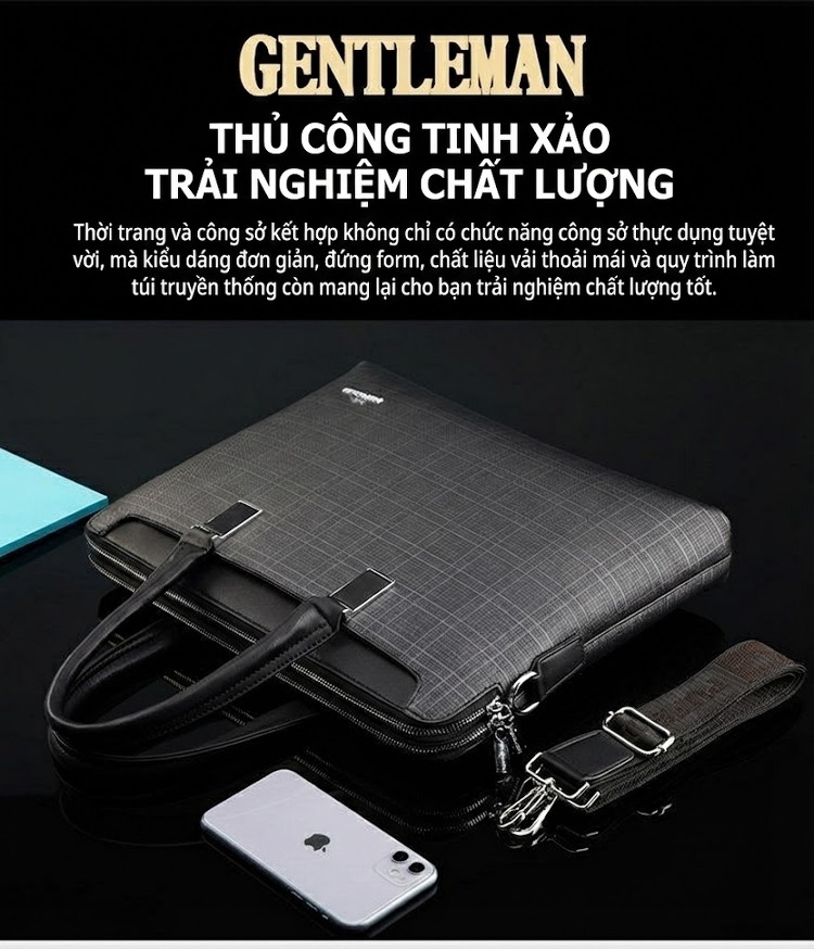 Túi Xách Công Sở Nam Vải Caro Đựng Laptop Có Dây Đeo Chéo Màu Xám, Đen chi tiết 2