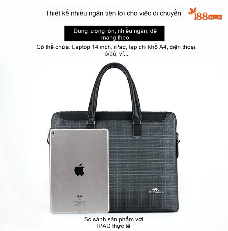 Túi Xách Công Sở Nam Vải Caro Đựng Laptop Có Dây Đeo Chéo Màu Xám, Đen chi tiết 5