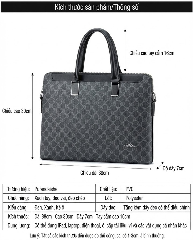 Túi Xách Công Sở Nam Vải Caro Đựng Laptop Có Dây Đeo Chéo Màu Xám, Đen chi tiết 7