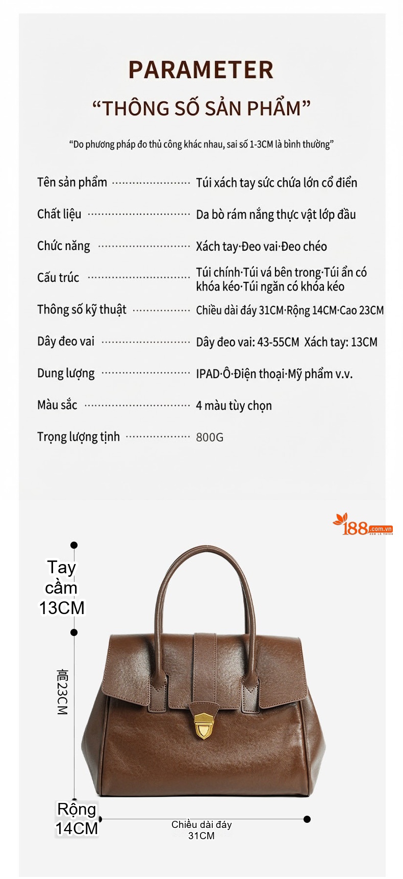 Túi Xách Công Sở Nữ Da Bò Tầng Đầu Cao Cấp Cỡ Lớn Đeo Chéo, Xách Tay Phong Cách Retro Màu Nâu chi tiết 4