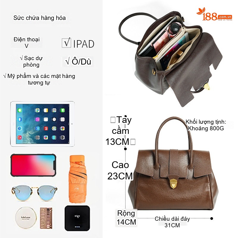 Túi Xách Công Sở Nữ Da Bò Tầng Đầu Cao Cấp Cỡ Lớn Đeo Chéo, Xách Tay Phong Cách Retro Màu Nâu