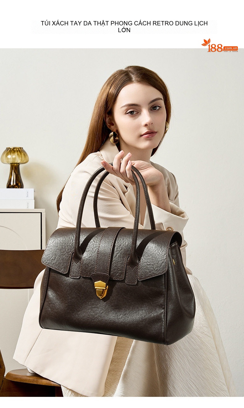 Túi Xách Công Sở Nữ Da Bò Tầng Đầu Cao Cấp Cỡ Lớn Đeo Chéo, Xách Tay Phong Cách Retro Màu Nâu chi tiết 2